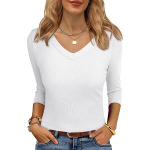 imageANRABESS Womens Tops 34 Sleeve V Neck Ribbed Knit Slim Fit Shirts Basic Tee 2025 Fall Outfits Casual Tshirt Fashion ClothesWhite