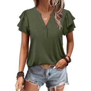 imageANRABESS Womens Tops Dressy Casual Ruffle Short Sleeve V Neck Blouses Summer Button Down Business Work Elegant ShirtsArmy Green