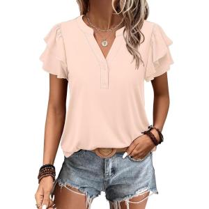 imageANRABESS Womens Tops Dressy Casual Ruffle Short Sleeve V Neck Blouses Summer Button Down Business Work Elegant ShirtsBeige