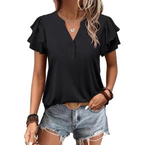 imageANRABESS Womens Tops Dressy Casual Ruffle Short Sleeve V Neck Blouses Summer Button Down Business Work Elegant ShirtsBlack