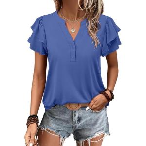 imageANRABESS Womens Tops Dressy Casual Ruffle Short Sleeve V Neck Blouses Summer Button Down Business Work Elegant ShirtsBlue