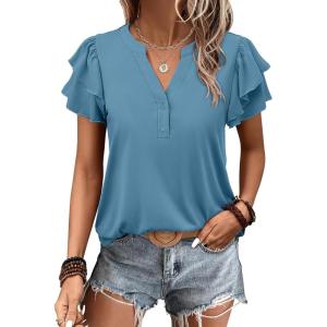 imageANRABESS Womens Tops Dressy Casual Ruffle Short Sleeve V Neck Blouses Summer Button Down Business Work Elegant ShirtsBlue Green