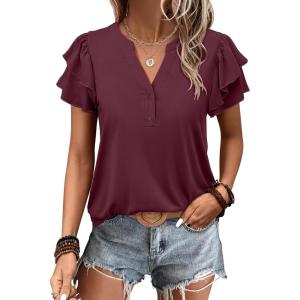 imageANRABESS Womens Tops Dressy Casual Ruffle Short Sleeve V Neck Blouses Summer Button Down Business Work Elegant ShirtsBurgundy