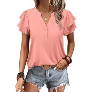 imageANRABESS Womens Tops Dressy Casual Ruffle Short Sleeve V Neck Blouses Summer Button Down Business Work Elegant ShirtsCoral