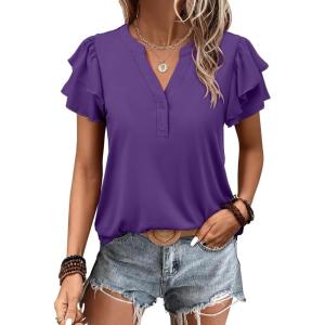 imageANRABESS Womens Tops Dressy Casual Ruffle Short Sleeve V Neck Blouses Summer Button Down Business Work Elegant ShirtsDeep Purple