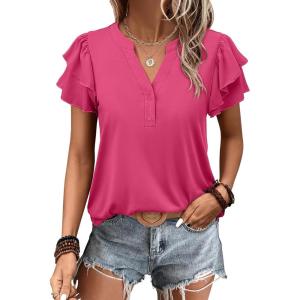 imageANRABESS Womens Tops Dressy Casual Ruffle Short Sleeve V Neck Blouses Summer Button Down Business Work Elegant ShirtsHot Pink