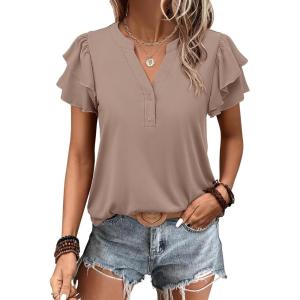 imageANRABESS Womens Tops Dressy Casual Ruffle Short Sleeve V Neck Blouses Summer Button Down Business Work Elegant ShirtsKhaki