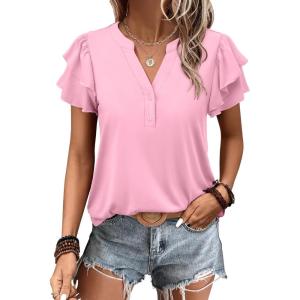 imageANRABESS Womens Tops Dressy Casual Ruffle Short Sleeve V Neck Blouses Summer Button Down Business Work Elegant ShirtsLight Pink