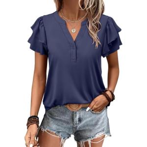 imageANRABESS Womens Tops Dressy Casual Ruffle Short Sleeve V Neck Blouses Summer Button Down Business Work Elegant ShirtsNavy Blue