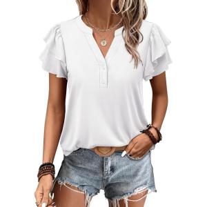 imageANRABESS Womens Tops Dressy Casual Ruffle Short Sleeve V Neck Blouses Summer Button Down Business Work Elegant ShirtsWhite