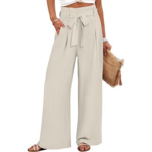 imageANRABESS Womens Wide Leg Palazzo Pants Belted High Waisted Business Casual Flowy Long Trousers with PocketsBeige