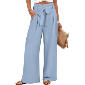 imageANRABESS Womens Wide Leg Palazzo Pants Belted High Waisted Business Casual Flowy Long Trousers with PocketsBlue