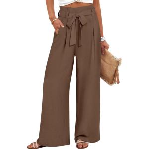 imageANRABESS Womens Wide Leg Palazzo Pants Belted High Waisted Business Casual Flowy Long Trousers with PocketsBrown