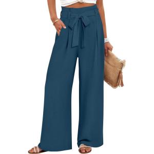 imageANRABESS Womens Wide Leg Palazzo Pants Belted High Waisted Business Casual Flowy Long Trousers with PocketsDeep Bule