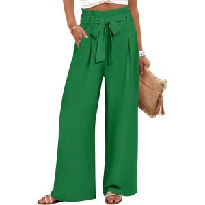 imageANRABESS Womens Wide Leg Palazzo Pants Belted High Waisted Business Casual Flowy Long Trousers with PocketsGreen