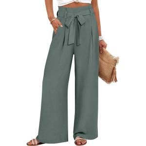 imageANRABESS Womens Wide Leg Palazzo Pants Belted High Waisted Business Casual Flowy Long Trousers with PocketsGrey Green