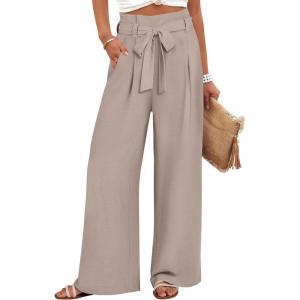 imageANRABESS Womens Wide Leg Palazzo Pants Belted High Waisted Business Casual Flowy Long Trousers with PocketsLight Khaki