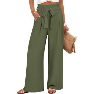 imageANRABESS Womens Wide Leg Palazzo Pants Belted High Waisted Business Casual Flowy Long Trousers with PocketsOlive