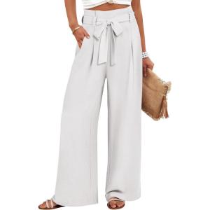 imageANRABESS Womens Wide Leg Palazzo Pants Belted High Waisted Business Casual Flowy Long Trousers with PocketsWhite