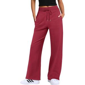 imageANRABESS Womens Wide Leg Pants High Waist Drawstring Sweatpants Joggers with PocketsRed
