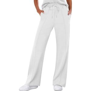 imageANRABESS Womens Wide Leg Sweatpants High Waist Baggy Flared Pants Drawstring Athletic Joggers Sweat PantsWhite