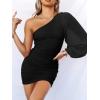 imageANRABESS Women One Shoulder Ruched Bodycon Mini Dress Puff Long Sleeve Sexy Cocktail Party Formal Wedding Guest Short DressBlack