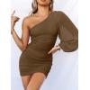 imageANRABESS Women One Shoulder Ruched Bodycon Mini Dress Puff Long Sleeve Sexy Cocktail Party Formal Wedding Guest Short DressBrown