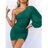 imageANRABESS Women One Shoulder Ruched Bodycon Mini Dress Puff Long Sleeve Sexy Cocktail Party Formal Wedding Guest Short DressGreen