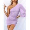 imageANRABESS Women One Shoulder Ruched Bodycon Mini Dress Puff Long Sleeve Sexy Cocktail Party Formal Wedding Guest Short DressLight Purple