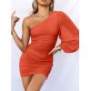 imageANRABESS Women One Shoulder Ruched Bodycon Mini Dress Puff Long Sleeve Sexy Cocktail Party Formal Wedding Guest Short DressOrange