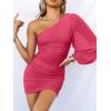 imageANRABESS Women One Shoulder Ruched Bodycon Mini Dress Puff Long Sleeve Sexy Cocktail Party Formal Wedding Guest Short DressPeach
