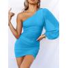 imageANRABESS Women One Shoulder Ruched Bodycon Mini Dress Puff Long Sleeve Sexy Cocktail Party Formal Wedding Guest Short DressSky Blue