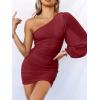 imageANRABESS Women One Shoulder Ruched Bodycon Mini Dress Puff Long Sleeve Sexy Cocktail Party Formal Wedding Guest Short DressWine Red