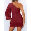 imageANRABESS Women One Shoulder Ruched Bodycon Mini Dress Puff Long Sleeve Sexy Cocktail Party Formal Wedding Guest Short DressWine Red