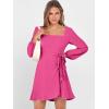 imageANRABESS Womens Dress Long Sleeve Square Neck Tie Waist Ruffle Hem Short Cocktail Wedding Guest Fall Party Club Mini DressesHot Pink