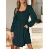 imageANRABESS Womens Long Lantern Sleeve Dresses 2025 Fall Casual Smocked ALine High Waist Flowy Short Dress with Pockets TrendyDeep Green