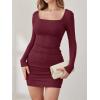 imageANRABESS Womens Long Sleeve Bodycon Mini Dress 2025 Fall Ruched Square Neck Slim Fit Rib Knit Club Short Cocktail DressesWine Red