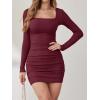 imageANRABESS Womens Long Sleeve Bodycon Mini Dress 2025 Fall Ruched Square Neck Slim Fit Rib Knit Club Short Cocktail DressesWine Red