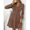 imageANRABESS Womens Long Sleeve Dress 2025 Fall Casual V Neck Tiered Flowy Swing Short Mini Dresses Beach Travel Vacation OutfitsBrown