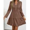 imageANRABESS Womens Long Sleeve Dress 2025 Fall Casual V Neck Tiered Flowy Swing Short Mini Dresses Beach Travel Vacation OutfitsBrown
