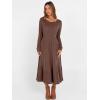 imageANRABESS Womens Long Sleeve Midi Dress 2025 Fall Rib Knit Crew Neck A Line Soft Flowy Swing Dresses with Pocket Casual TrendyDark Brown
