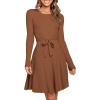 imageANRABESS Womens Long Sleeve Midi Dress Crewneck Tie Waist ALine Swing Casual Bodycon Ribbed Knit 2025 Fall Sweater DressCaramel