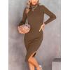 imageANRABESS Womens Long Sleeve Mock Neck Slim Fit Ribbed Bodycon Knit Slit Cocktail Sweater Midi Dress 2025 Trendy Fall OutfitsBrown