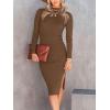imageANRABESS Womens Long Sleeve Mock Neck Slim Fit Ribbed Bodycon Knit Slit Cocktail Sweater Midi Dress 2025 Trendy Fall OutfitsBrown