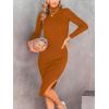 imageANRABESS Womens Long Sleeve Mock Neck Slim Fit Ribbed Bodycon Knit Slit Cocktail Sweater Midi Dress 2025 Trendy Fall OutfitsRust