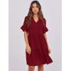 imageANRABESS Womens Summer 2025 Trendy Ruffle Short Sleeve V Neck A Line Tiered Flowy Loose Casual Mini Beach Dress with PocketsWine Red