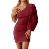 imageANRABESS Women One Shoulder Ruched Bodycon Mini Dress Puff Long Sleeve Sexy Cocktail Party Formal Wedding Guest Short DressWine Red