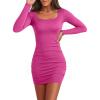 imageANRABESS Womens Long Sleeve Bodycon Mini Dress 2025 Fall Ruched Square Neck Slim Fit Rib Knit Club Short Cocktail DressesHot Pink