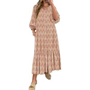 imageANRABESS Boho Maxi Dresses for Women Summer Puff Sleeve V Neck Flowy Long Casual Dress with Pockets 2025 Vacation OutfitsFloral Apricot Red