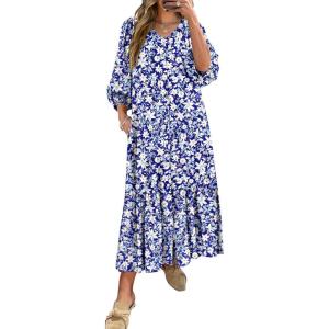 imageANRABESS Boho Maxi Dresses for Women Summer Puff Sleeve V Neck Flowy Long Casual Dress with Pockets 2025 Vacation OutfitsFloral White
